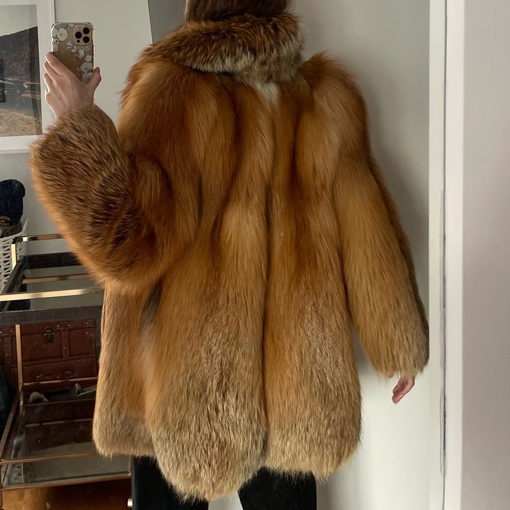 Chic Red Fox Fur Stroller Coat - Fox Fur Mid Length Winter Jacket M/L